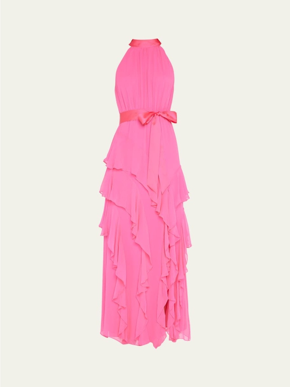 Alice + Olivia Bright Pink Halter Ruffle Tiered Gown Wedding Guest Formal Dress